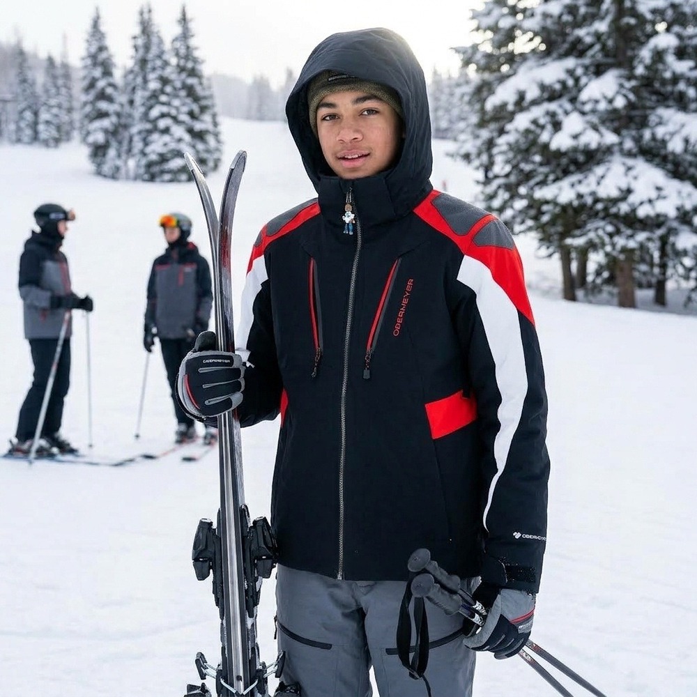 Obermeyer Ski Jacket Youth Boys Black Red White Excellent Hooded Technical Coat